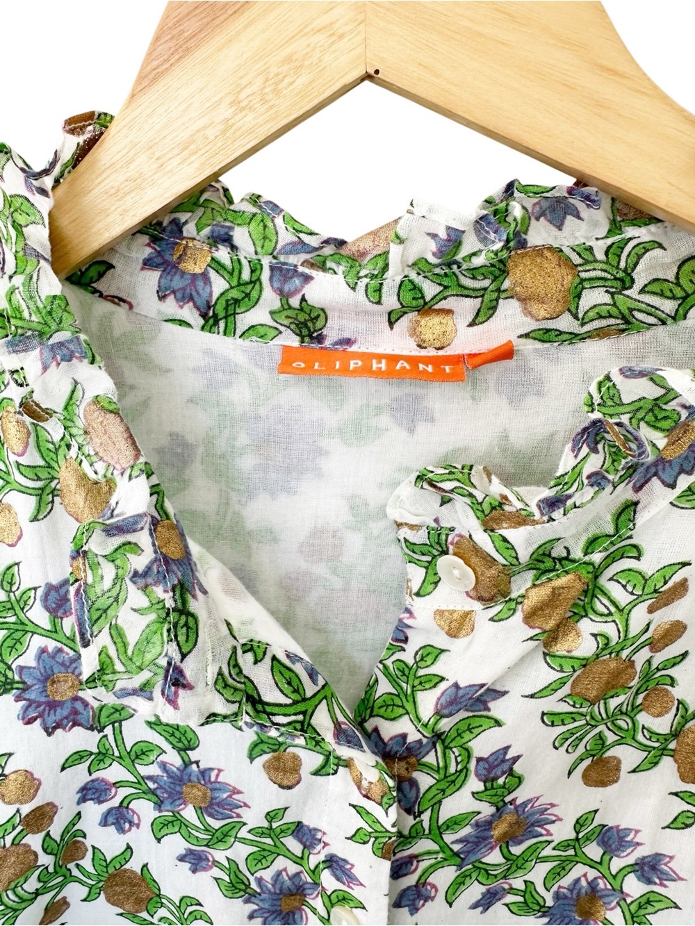 Oliphant • Hand Block Lupina Peri Maxi Dress Ruffle Collar Button Front Cotton - Picture 4 of 12